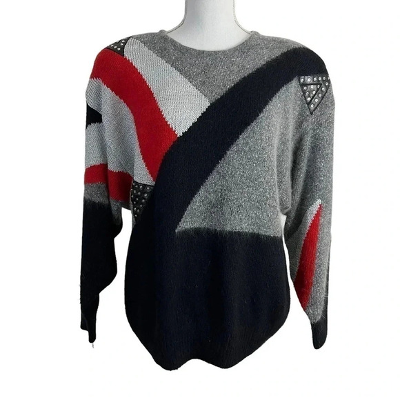 Rediffusion Vintage 80s Sweater Silk Angora Blend Sequin Beaded Retro Geometric - Picture 1 of 14